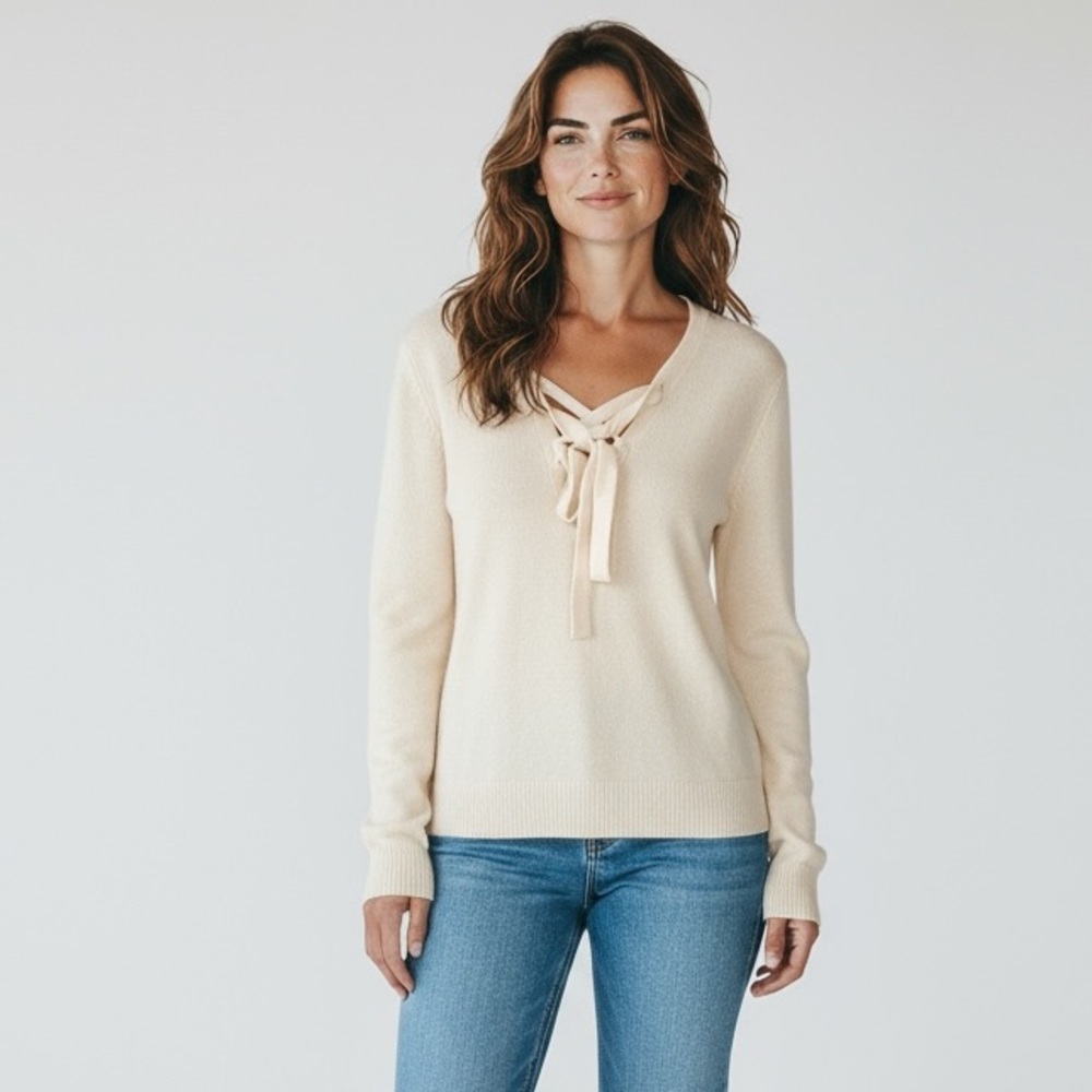 Ann Taylor Size XL Tan Wool Cashmere Lace Up Neck Sweater